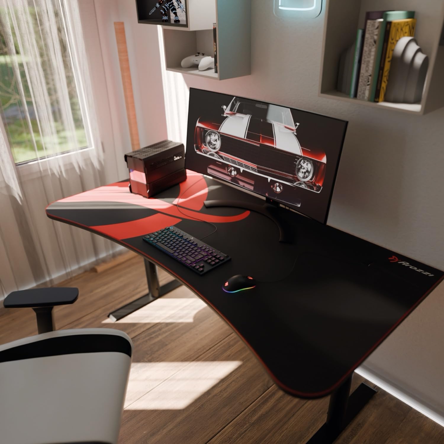 Arozzi Arena Gaming Desk 63" Wide, Ultrawide Curved Gaming and Office Desk, Large Gaming Desk with Custom Monitor Mount & Cable Management Under Desk (Black)