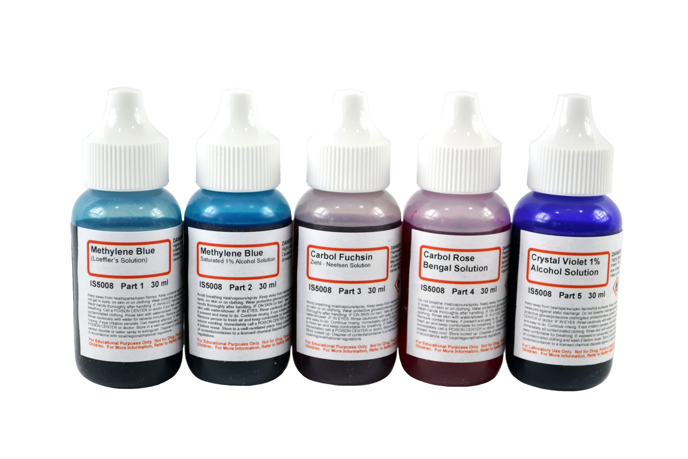 Innovating Science Bacteria Stain Set - 5 Microscope Slide Stains in 30mL Dropper Bottles: Methylene Blue (2), Carbol Fuchsin, Carbol Rose Bengal, Crystal Violate