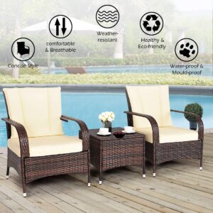 Tangkula 3 Piece Patio Furniture Set, 2 Wicker Chairs with Glass Top Coffee Table, Outdoor Garden Porch Poolside Furniture Set for 2, Rattan Conversation Set