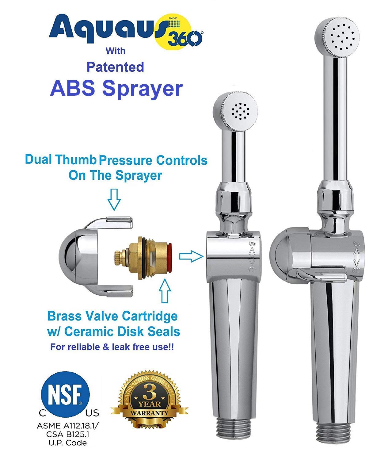 Aquaus 360 Bidet "SPRAY WAND ONLY" | NSF Certified - 3 Year Warranty - American Made -Dual Thumb Pressure Controls - Ceramic Disk Seals - ABS Body - Brass Valve Core - Includes 5'' inch (ABS Polymer)