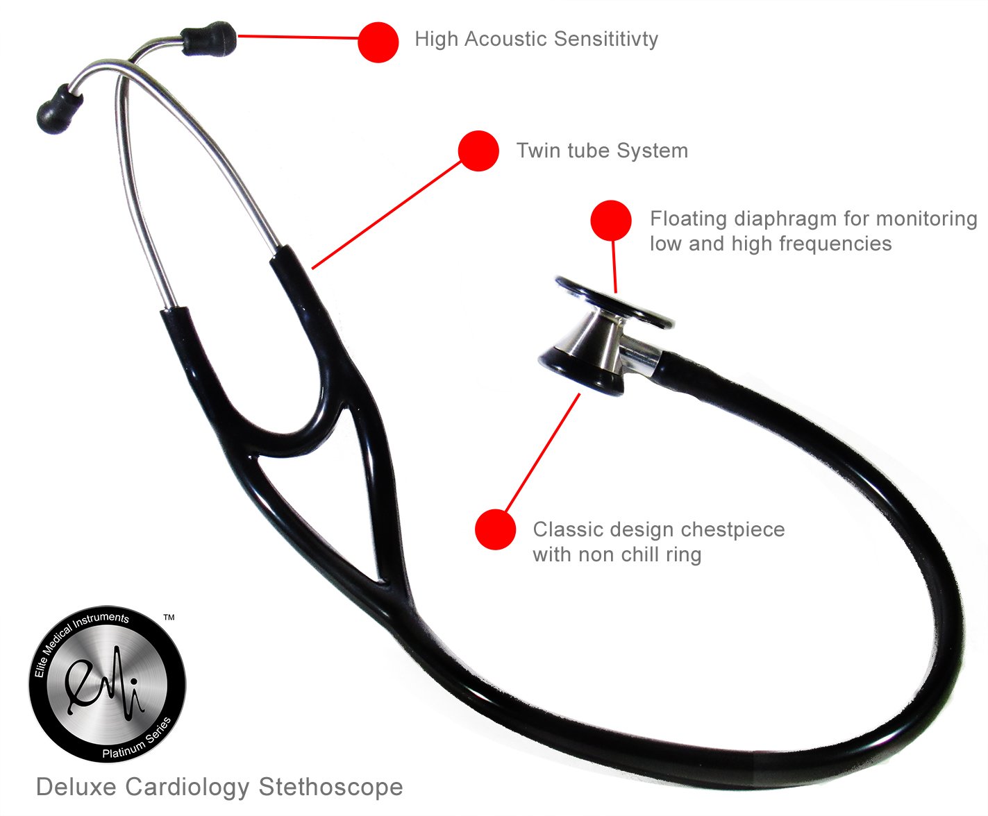 EMI Platinum Series Deluxe Black Cardiology Stethoscope with pressure sensitive Diaphragm ESC-333