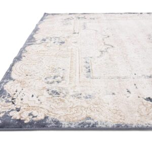 Unique Loom Chateau Collection Rustic, Vintage, Medallion, Textured, Distressed, Traditional Area Rug, 5 ft x 8 ft, Beige/Navy Blue