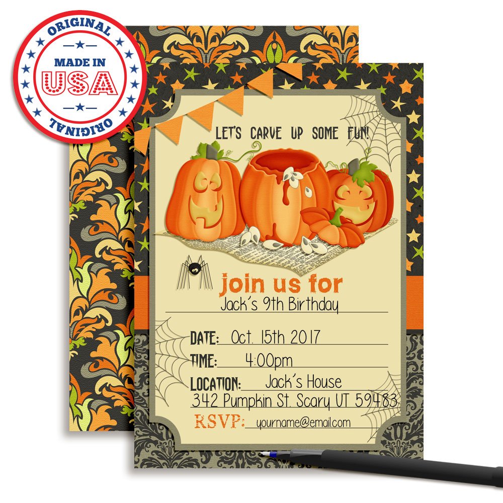 Pumpkin Carving Halloween Birthday Party Invitations, 20 5x7 Fill In Cards with Twenty White Envelopes by AmandaCreation