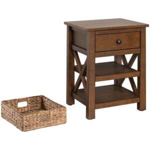 eHemco X-Side Nightstand End Table Side Table with Drawer, 2 Storage Shelves and Wicker Basket, Coffee