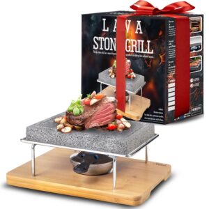 artestia lava steak stone table grill with bamboo tray indoor outdoor smokeless grill meat, veggies for bbq party, one rechaud (8.46"*6.49")