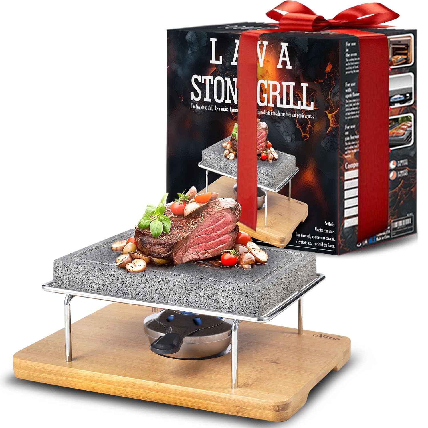 Artestia Lava Steak Stone Table Grill with Bamboo Tray Indoor Outdoor Smokeless Grill Meat, Veggies for BBQ Party, One Rechaud (8.46"*6.49")