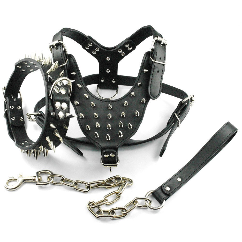 Benala Leather Spiked Studded Medium Large Dogs Breeds Harness &Sharp Collar & Leash Set Perfect for Boxer Bull Terrier Pit Bull Mastiff,Black,M