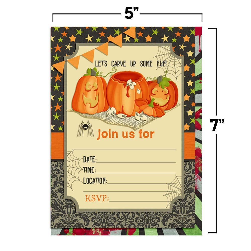 Pumpkin Carving Halloween Birthday Party Invitations, 20 5x7 Fill In Cards with Twenty White Envelopes by AmandaCreation