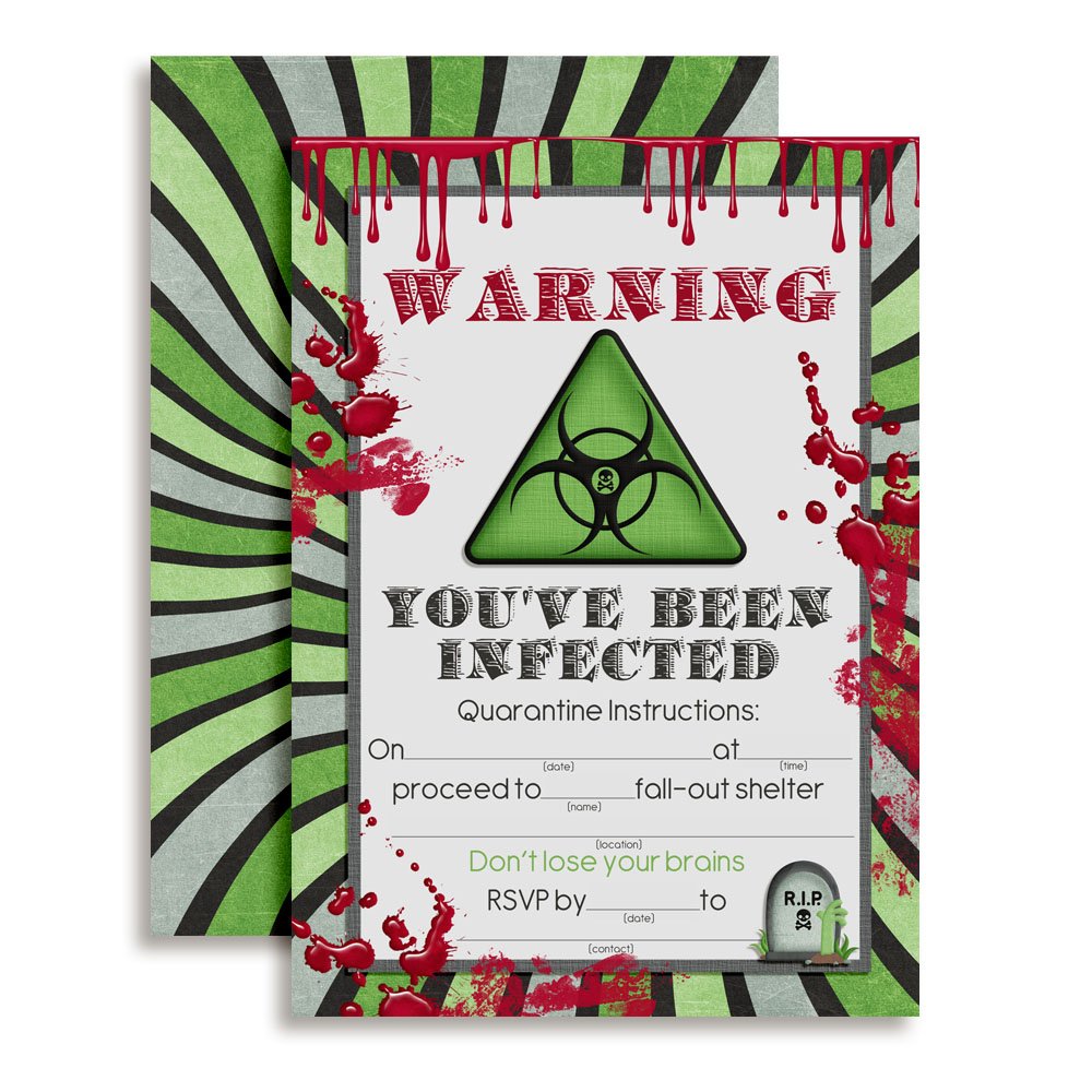 Zombie Infection Birthday Invitations, 20 5x7 Fill In Cards with Twenty White Envelopes by AmandaCreation