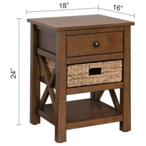 eHemco X-Side Nightstand End Table Side Table with Drawer, 2 Storage Shelves and Wicker Basket, Coffee