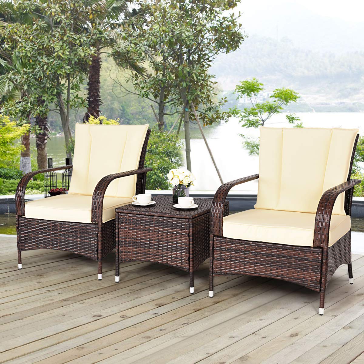 Tangkula 3 Piece Patio Furniture Set, 2 Wicker Chairs with Glass Top Coffee Table, Outdoor Garden Porch Poolside Furniture Set for 2, Rattan Conversation Set