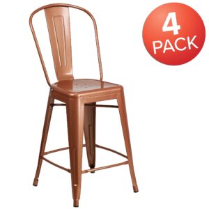 Flash Furniture Blake Commercial Grade 4 Pack 24" High Copper Metal Indoor-Outdoor Counter Height Stool with Back