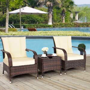 Tangkula 3 Piece Patio Furniture Set, 2 Wicker Chairs with Glass Top Coffee Table, Outdoor Garden Porch Poolside Furniture Set for 2, Rattan Conversation Set