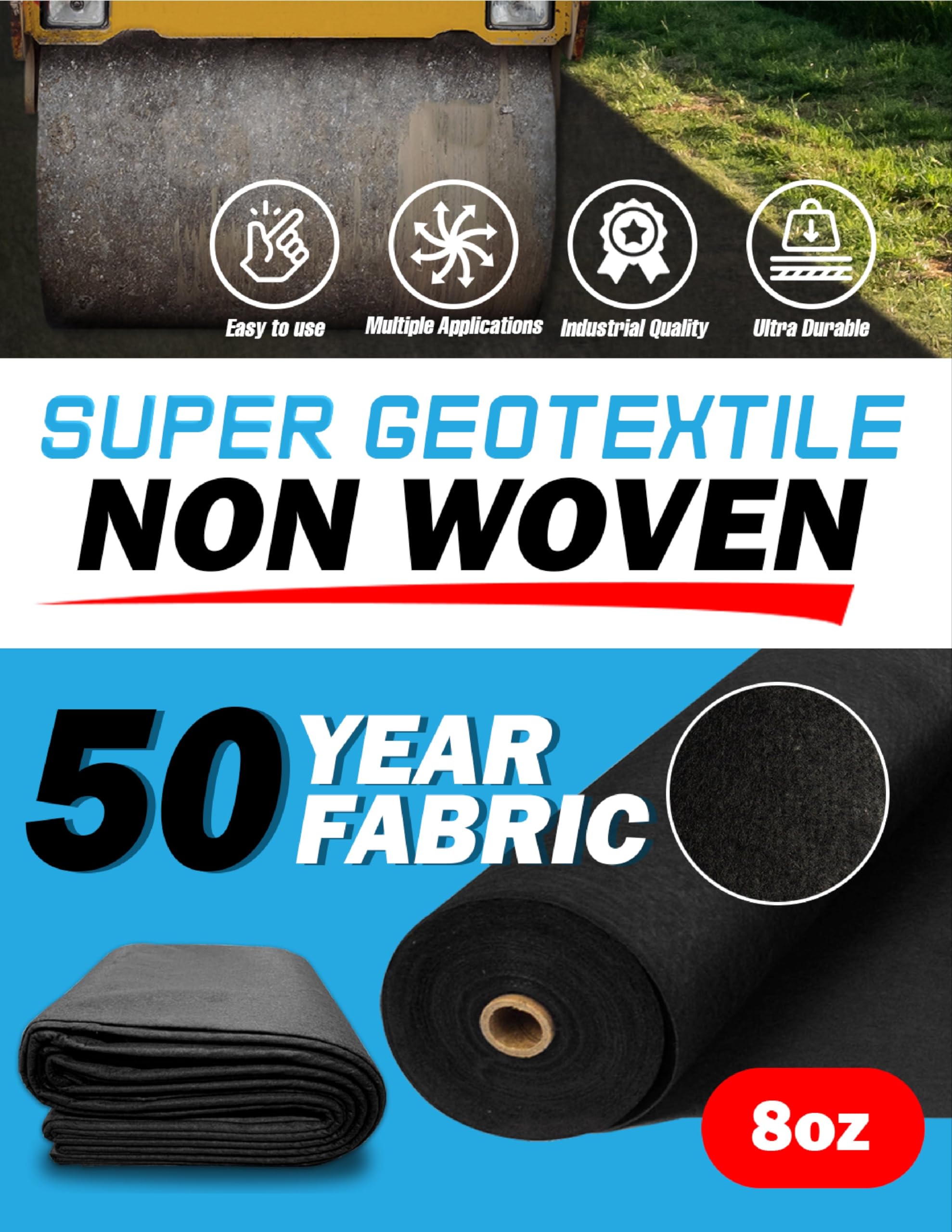 Super Geotextile 4, 6, 8 oz Non Woven Fabric for Landscaping, French Drains, Underlayment, Erosion Control, Construction Projects - 8 oz (3X300)