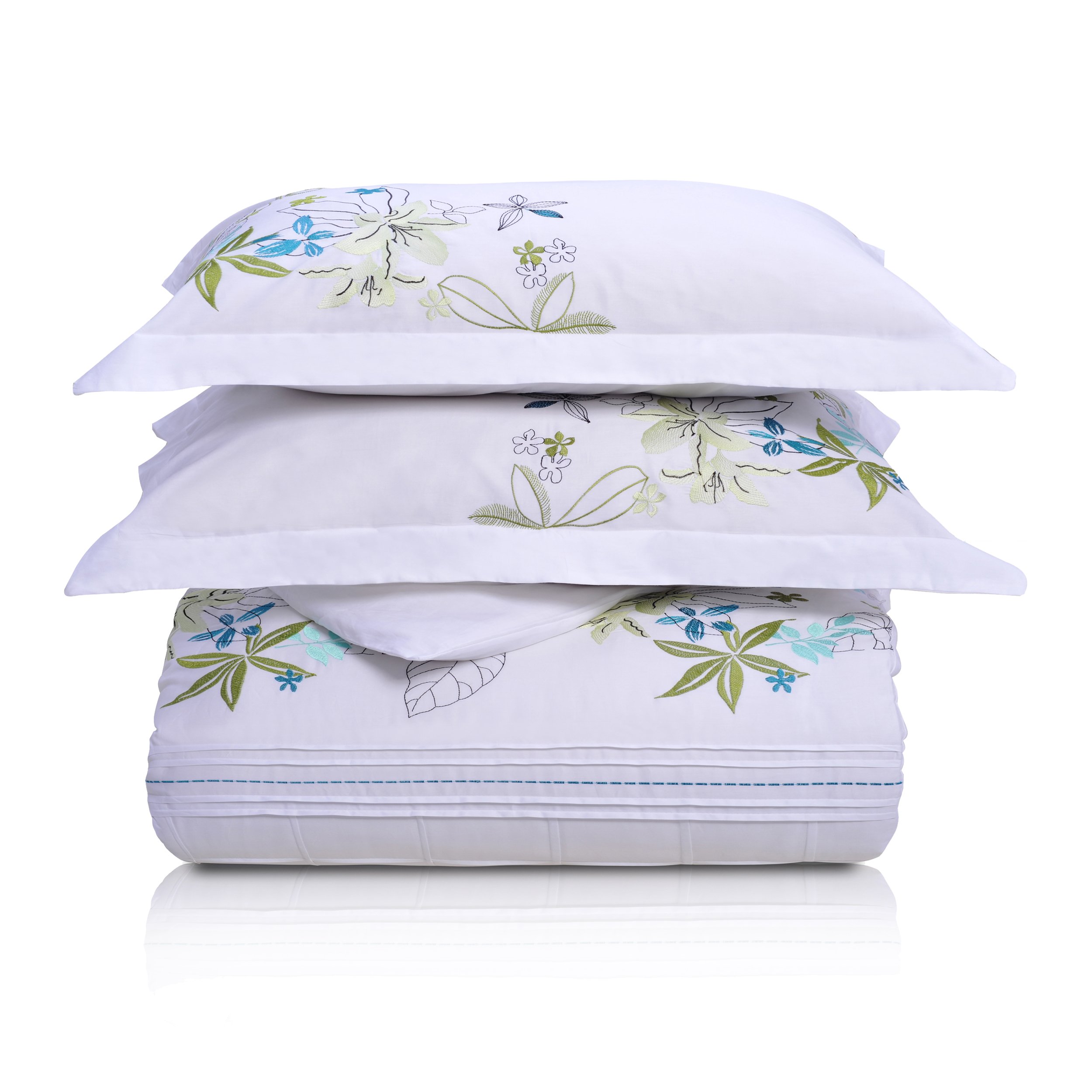 Superior Embroidered Cotton Duvet Cover Set, Soft Bedding Covers, 1 Duvet Cover with Button Closure, 2 Pillow Shams, Two-Line Design, Spring Blooms Collection, King/California King, White