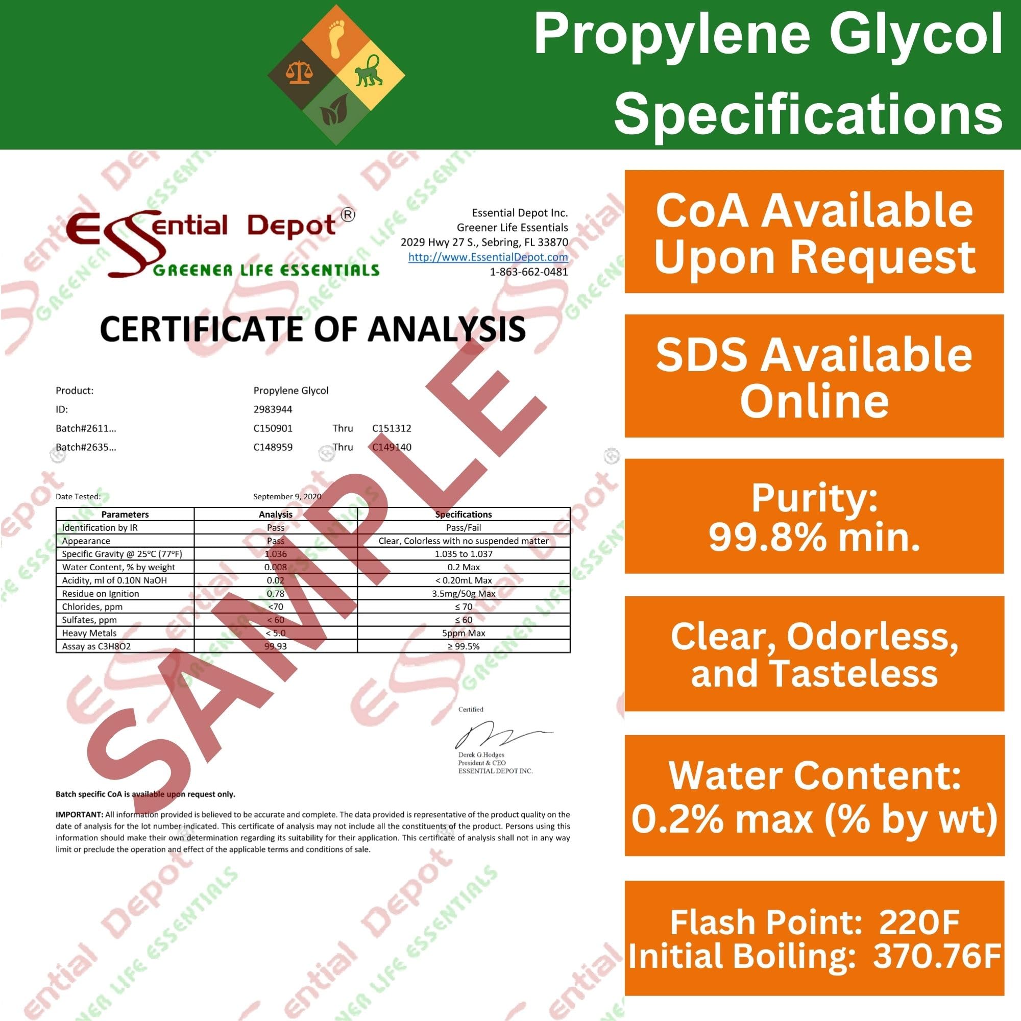 Propylene Glycol - USP - Kosher - Food Grade - USP - Kosher - 8 lb 9 oz net wt in a 1 Gallon Safety Sealed HDPE Container with resealable Cap