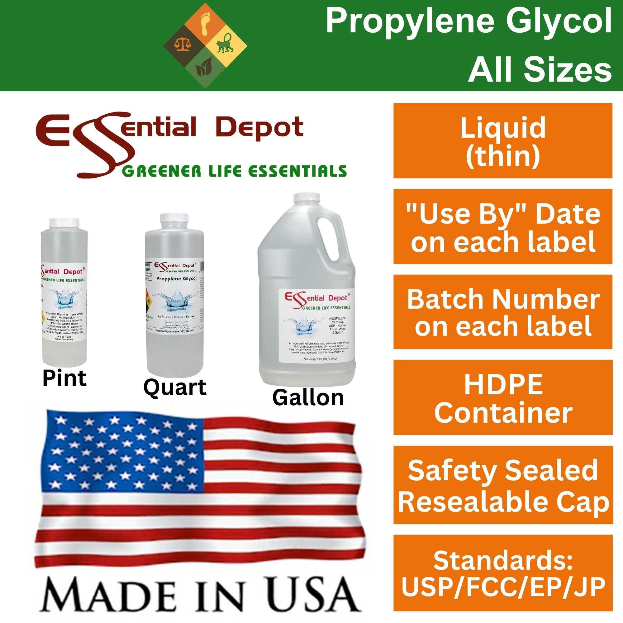 Propylene Glycol - USP - Kosher - Food Grade - USP - Kosher - 8 lb 9 oz net wt in a 1 Gallon Safety Sealed HDPE Container with resealable Cap