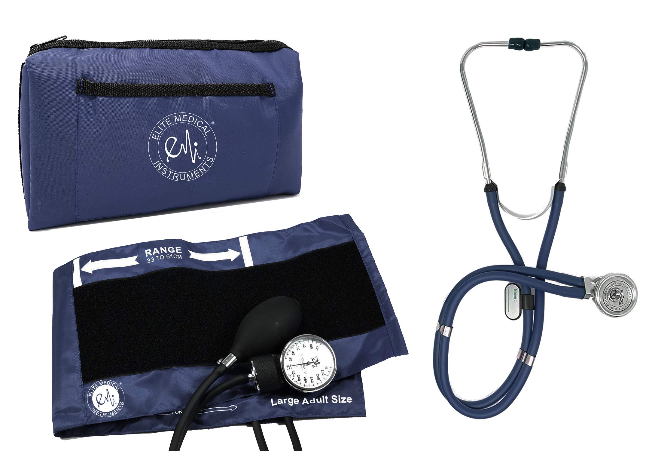 EMI EBL-430 Navy Sprague Rappaport Dual Head Stethoscope and Manual Aneroid Sphygmomanometer Blood Pressure with Large Adult Cuff (Cuff Size: 33 cm to 51 cm | 13 inch to 20 inch)