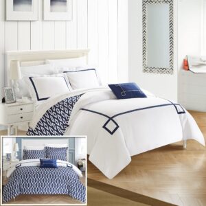 chic home 4 piece kendall contemporary greek key embroidered reversible queen duvet cover set navy shams and decorative pillows included