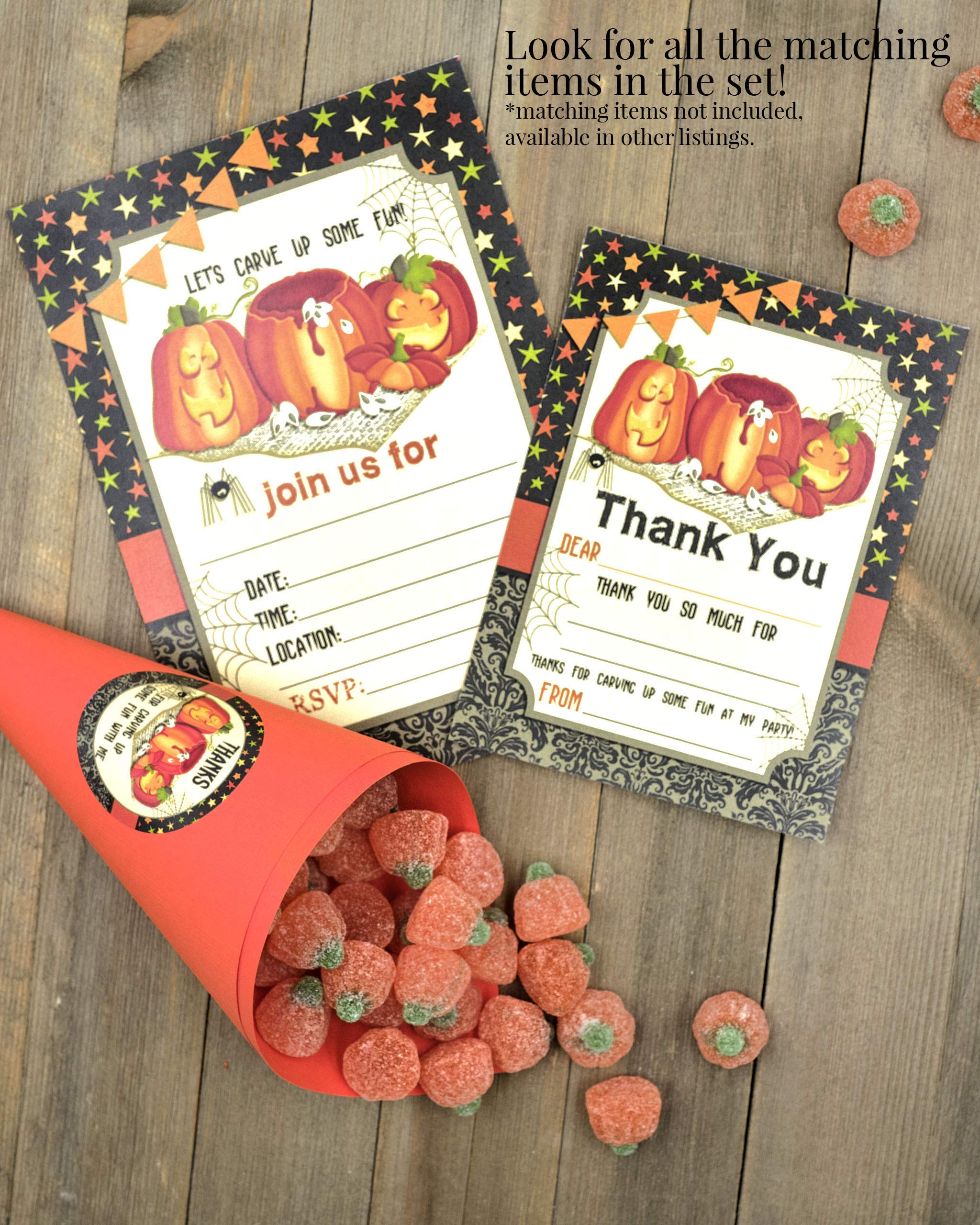 Pumpkin Carving Halloween Birthday Party Invitations, 20 5x7 Fill In Cards with Twenty White Envelopes by AmandaCreation