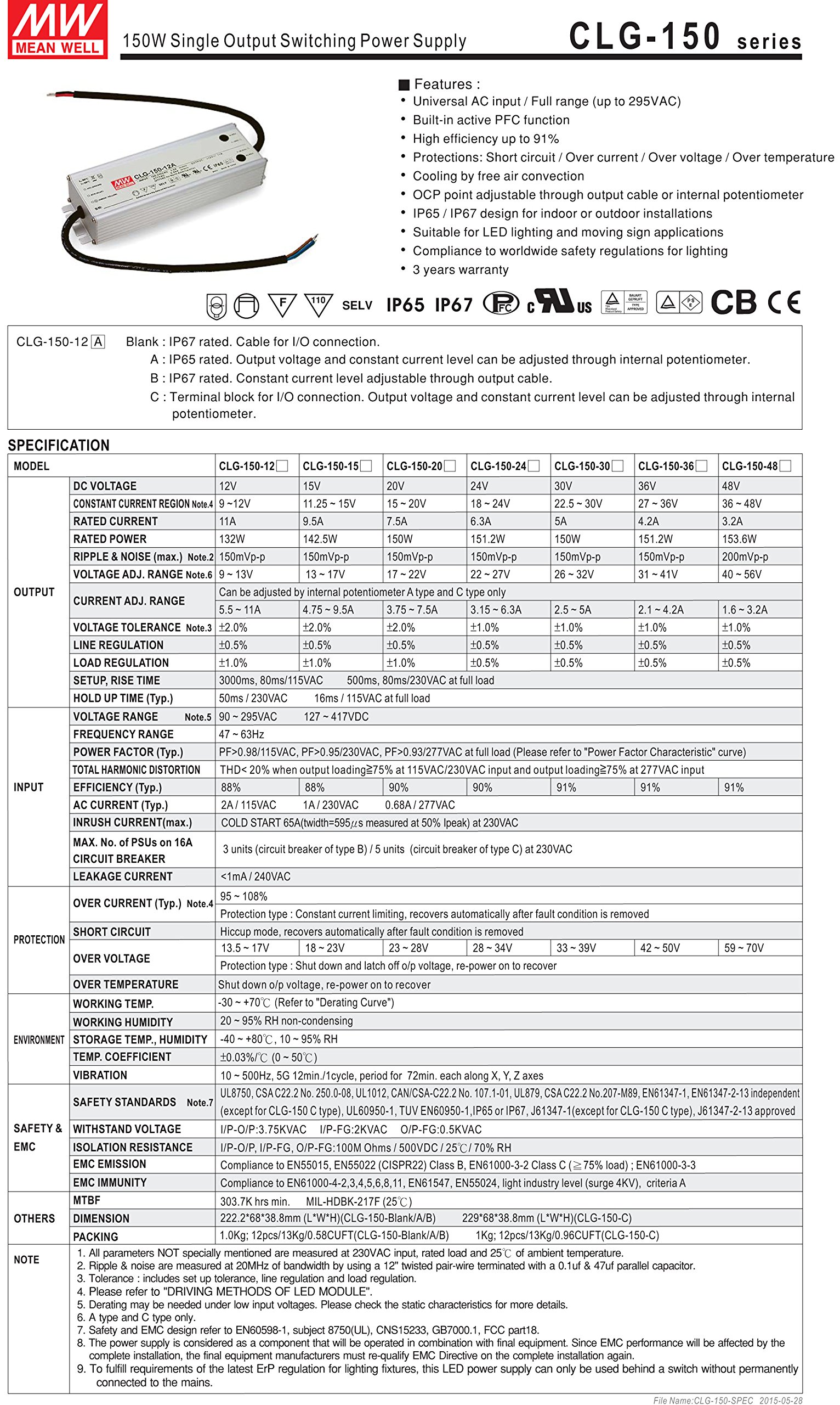 [PowerNex] Mean Well CLG-150-12A 12V 11A 132W Single Output LED Power Supply with PFC