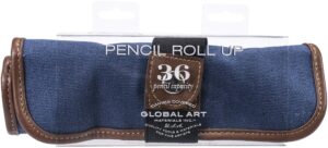 speedball canvas roll up pencil case, denim w/brown trim, holds up to 36 pencils