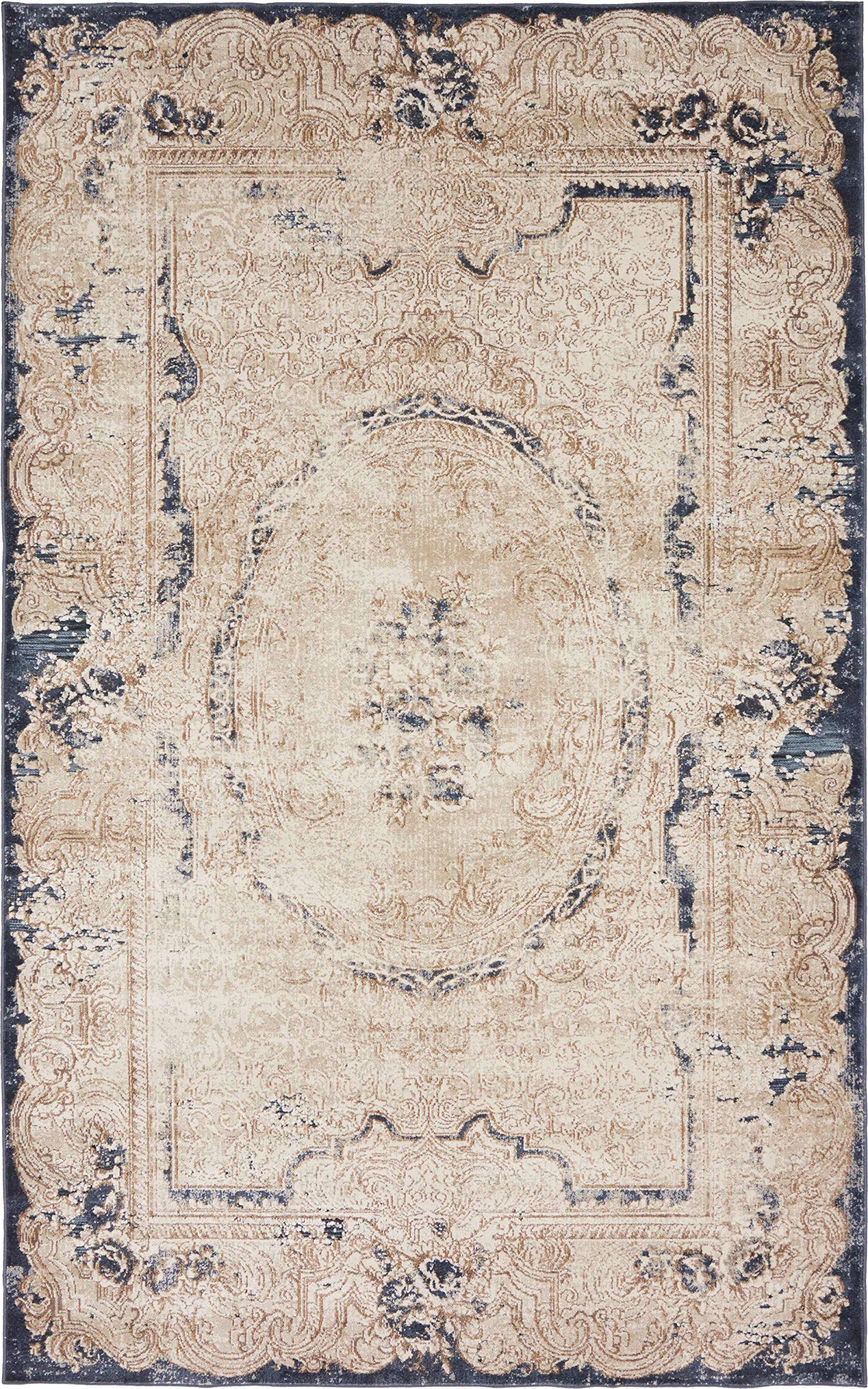 Unique Loom Chateau Collection Rustic, Vintage, Medallion, Textured, Distressed, Traditional Area Rug, 5 ft x 8 ft, Beige/Navy Blue