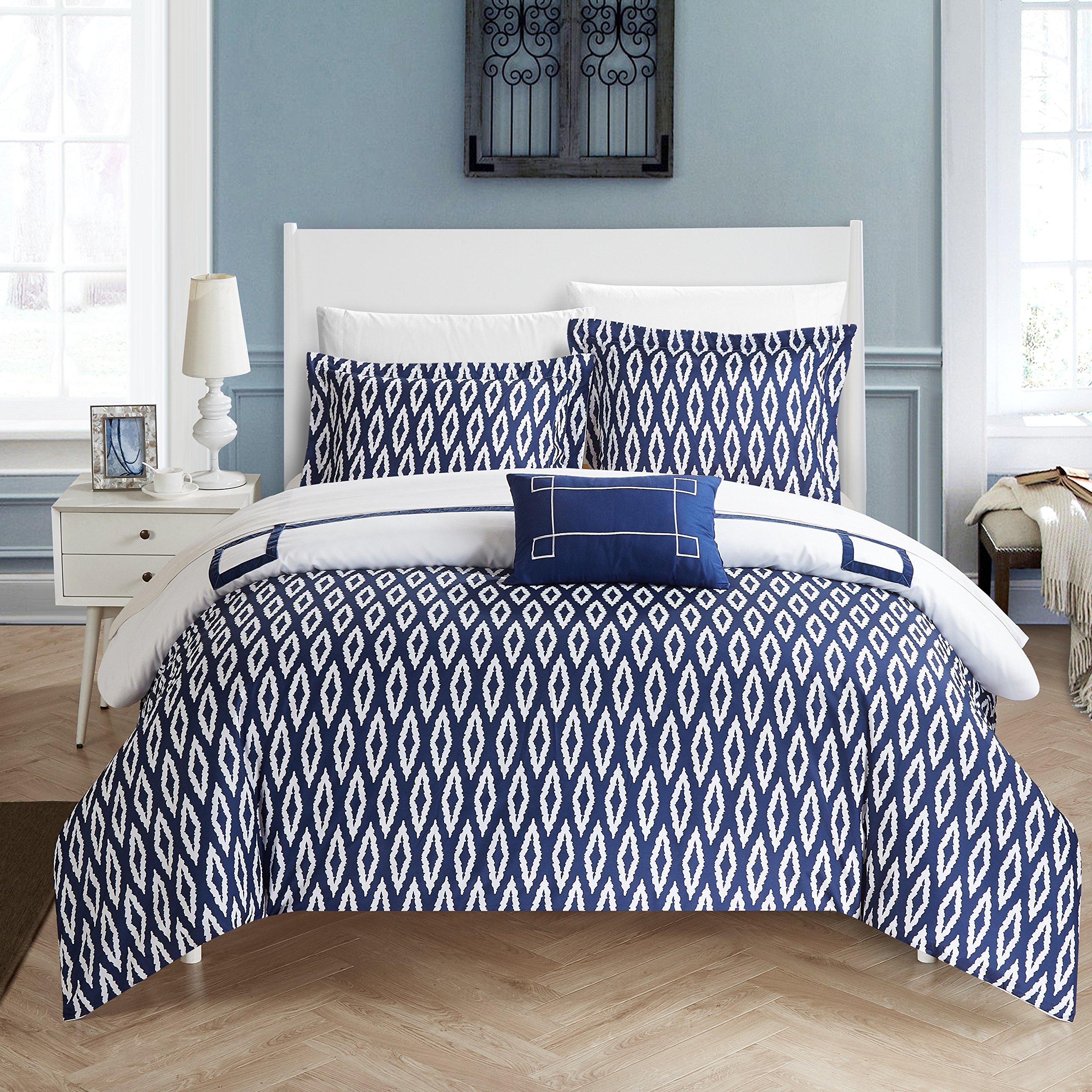 Chic Home 4 Piece Kendall Contemporary Greek Key Embroidered Reversible Queen Duvet Cover Set Navy Shams and Decorative Pillows Included