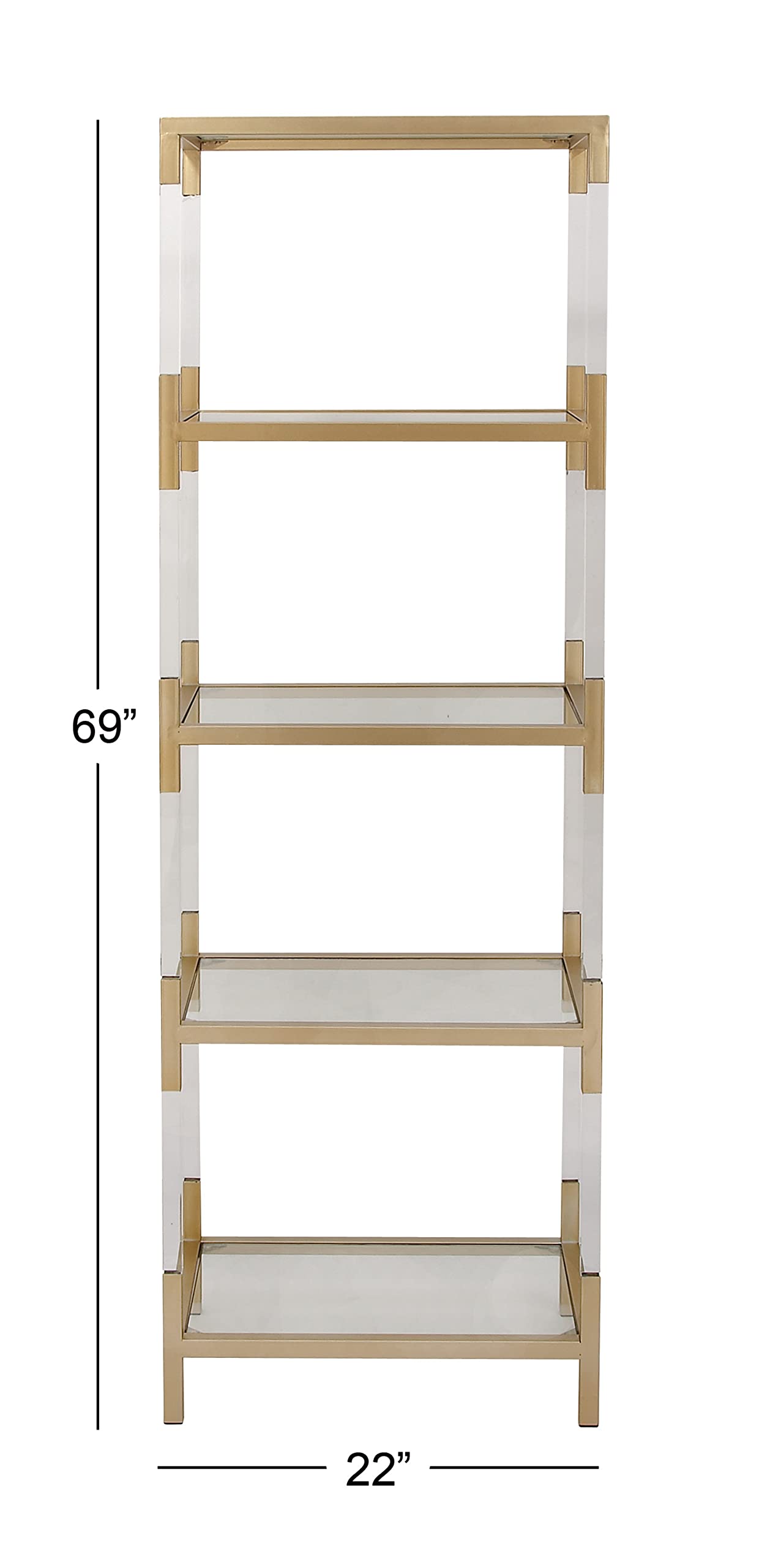 Deco 79 Metal Minimalistic 5 Tier Shelving Unit with Clear Glass Shelves and Acrylic Legs, 22" x 15" x 69", Gold