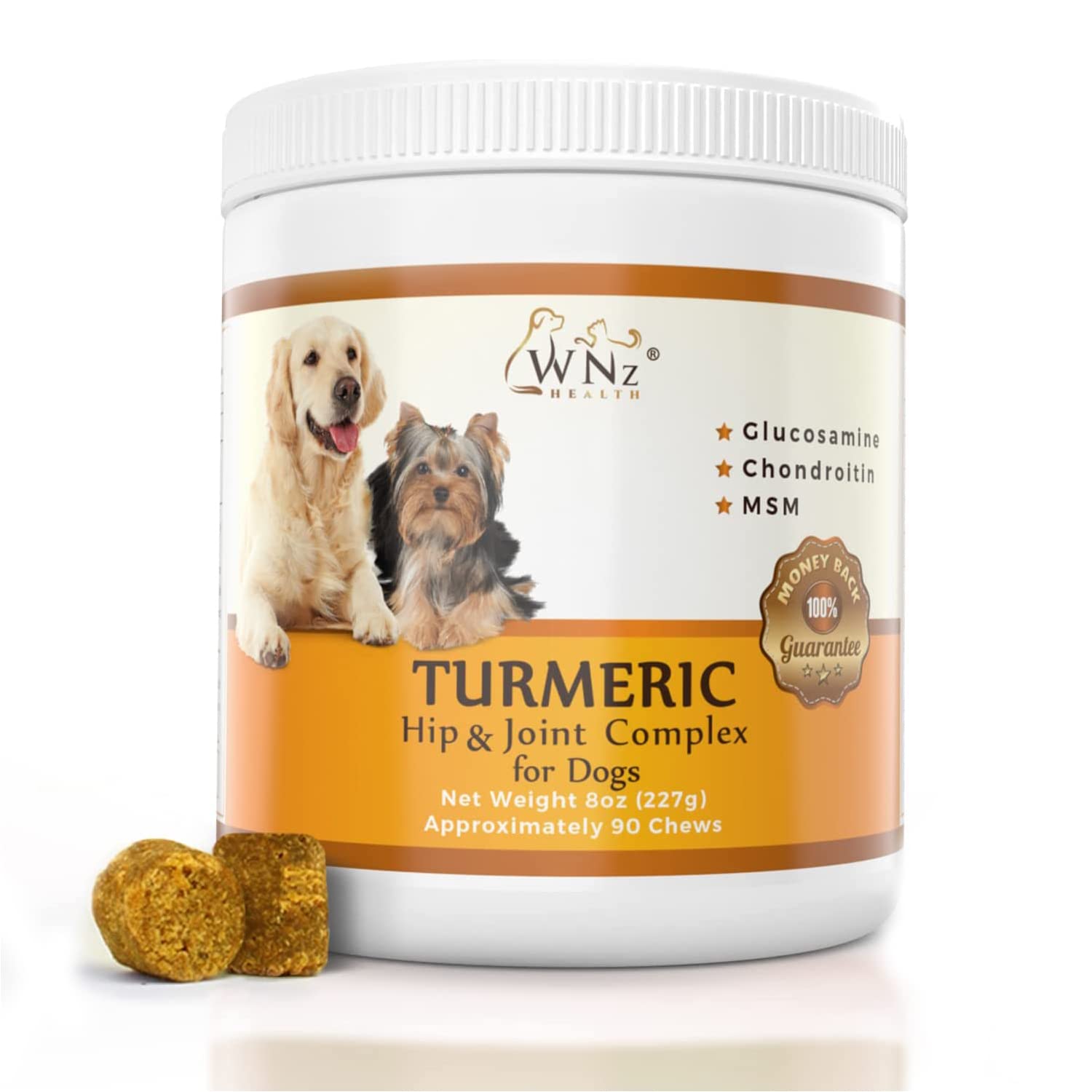 Turmeric Hip and Joint Chews for Dogs, Dog Chews for Mobility Support, Cartilage Health & Dog Joint Pain Relief, Anti-Inflammatory MSM, Glucosamine and Chondroitin for Dogs, 90 Chews, 8 Oz