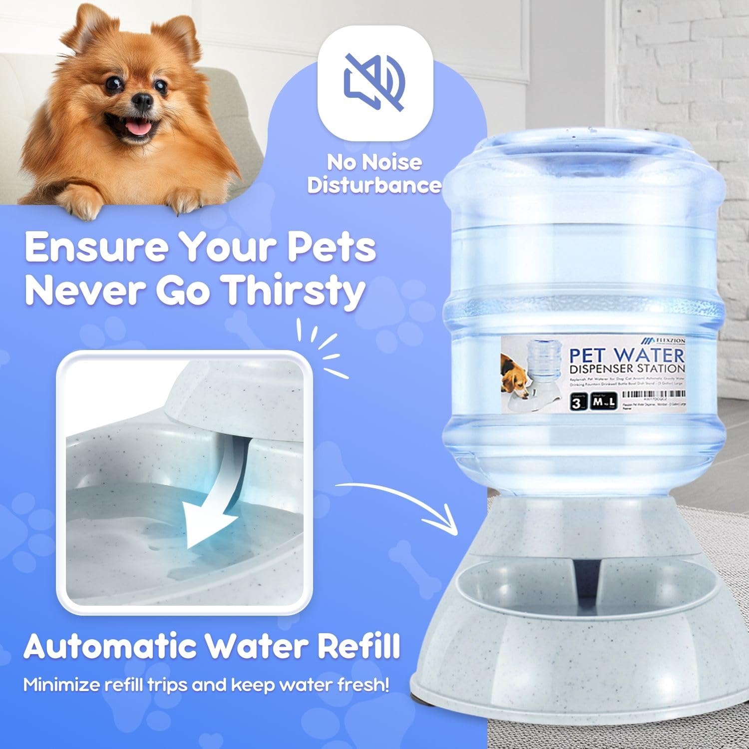 Flexzion Gravity Pet Water Dispenser Drinking Station for Dogs Cats (3 Gallon) Automatic Replenish Waterer for Small Large Breed Dog Cat,Feeding Watering Fountain Supplies Bottle Dish Bowl