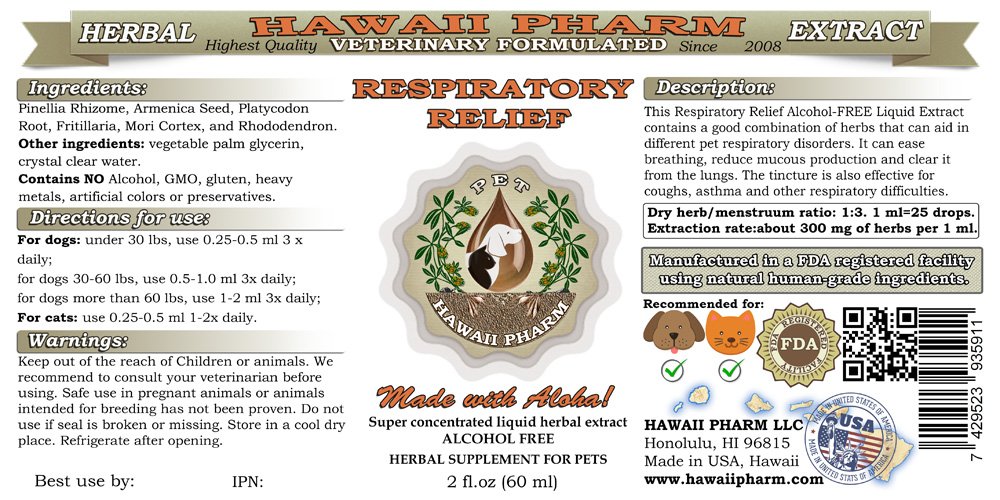 HawaiiPharm Respiratory Relief, Veterinary Natural Alcohol-Free Liquid Extract, Pet Herbal Supplement 2 oz