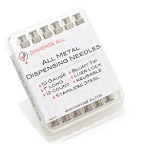 Dispense All - 12 Pack - 10 Gauge 1 Inch All Metal Blunt Tipped Dispensing Needle, Stainless Steel, Luer Lock | Refill Cartridges and Transfer Viscous Liquids Oils Glycerin Distillate Epoxy Adhesive