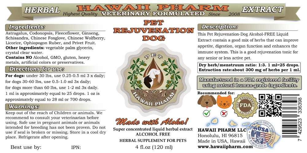 HawaiiPharm Pet Rejuvenation-Dog, Veterinary Natural Alcohol-Free Liquid Extract, Pet Herbal Supplement 4 oz