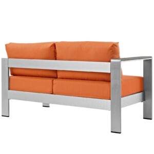 Modway Shore Aluminum Outdoor Patio Left Arm Loveseat in Silver Orange