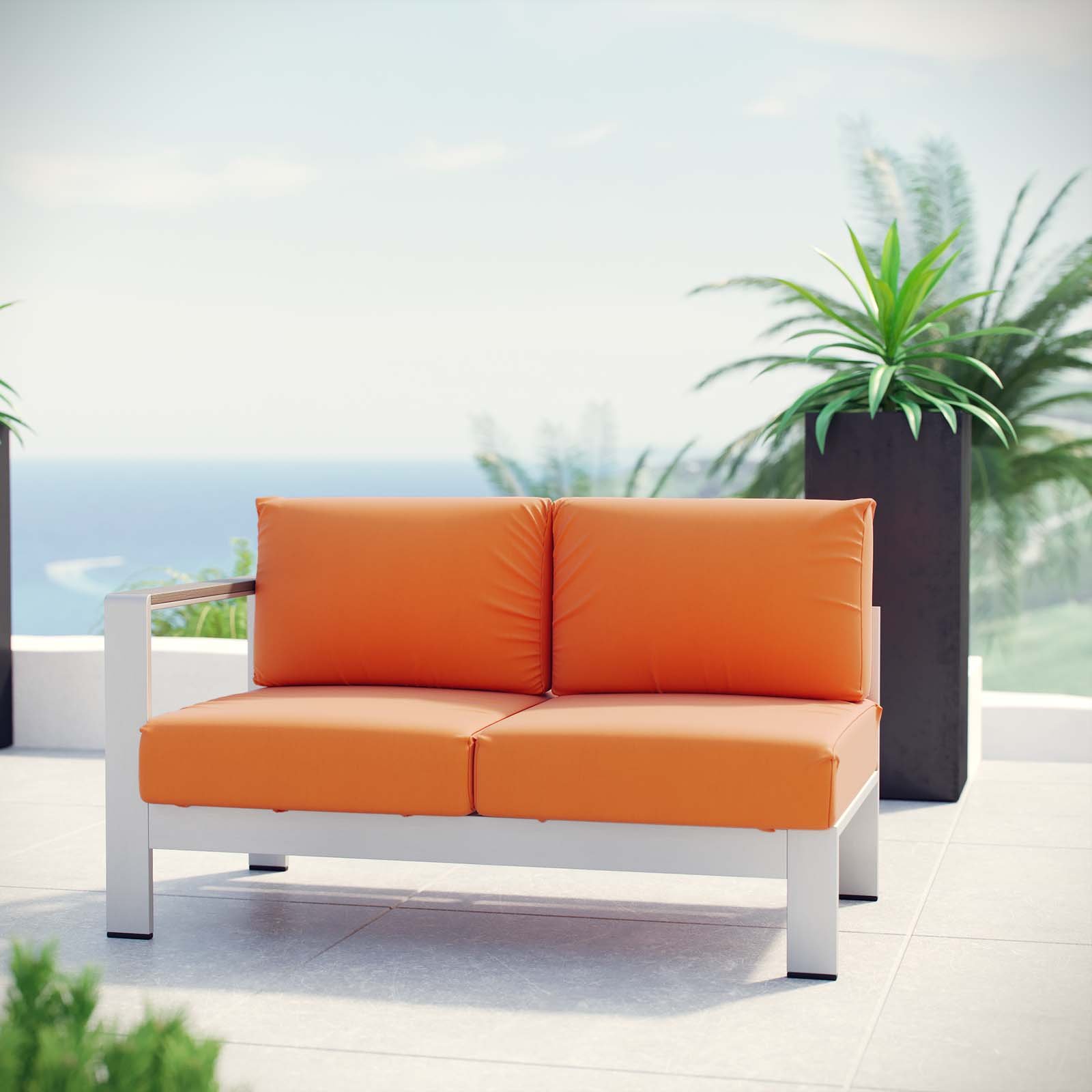 Modway Shore Aluminum Outdoor Patio Left Arm Loveseat in Silver Orange