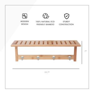 ToiletTree Products 100% Bamboo Wooden Natural Shelf with 4 Stainless Steel Hooks