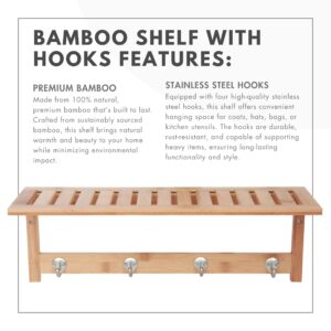 ToiletTree Products 100% Bamboo Wooden Natural Shelf with 4 Stainless Steel Hooks