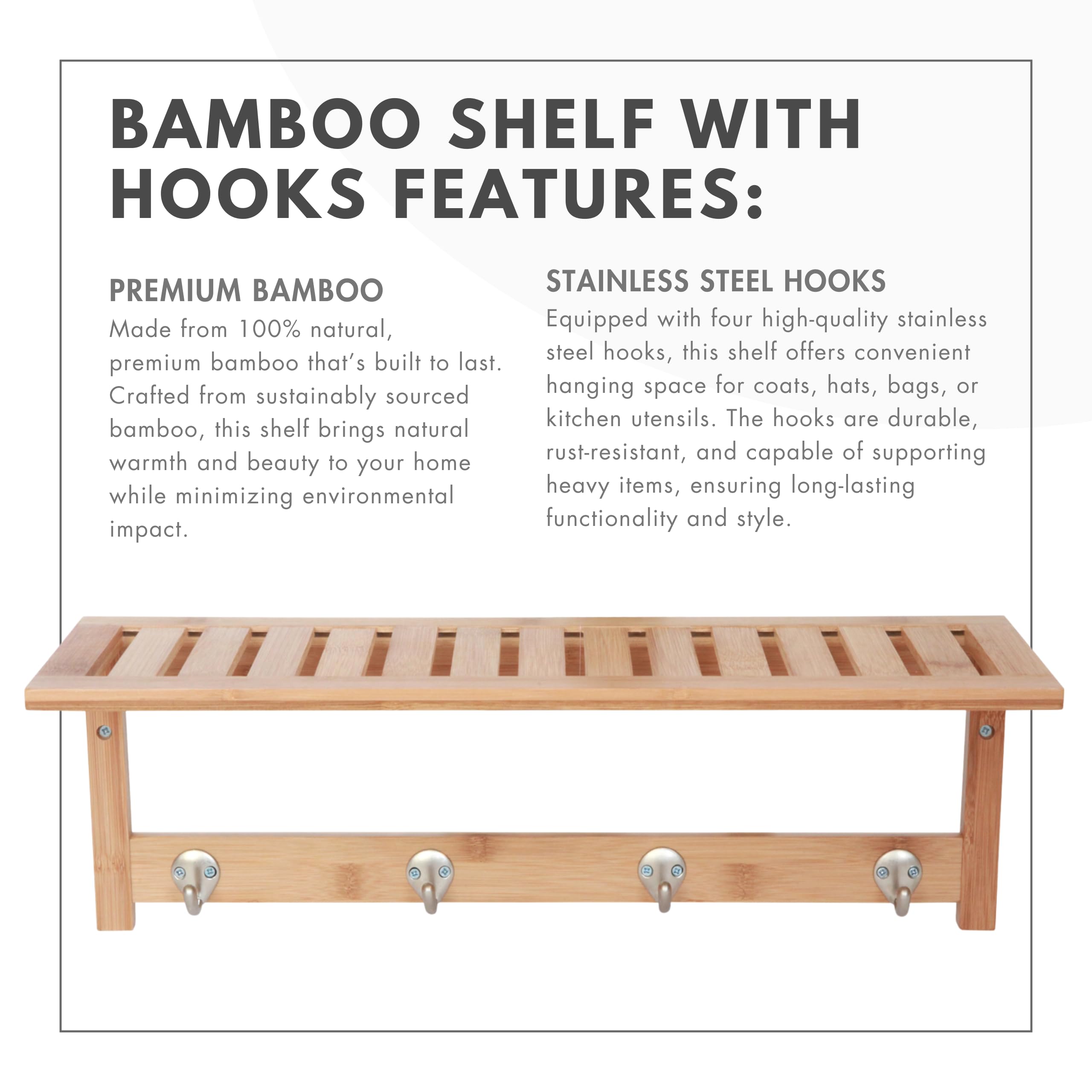 ToiletTree Products 100% Bamboo Wooden Natural Shelf with 4 Stainless Steel Hooks