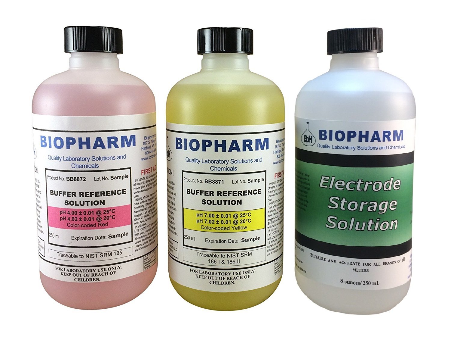 pH Buffer Calibration Solution 3-Pack: pH 4.00 Buffer, pH 7.00 Buffer, and Electrode Storage Solution — 250 mL (8.4 fl oz) Each — NIST Traceable Reference Standards for All pH Meters