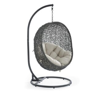 modway eei-2273-gry-bei hide wicker rattan outdoor patio porch lounge egg set, swing chair with stand, beige