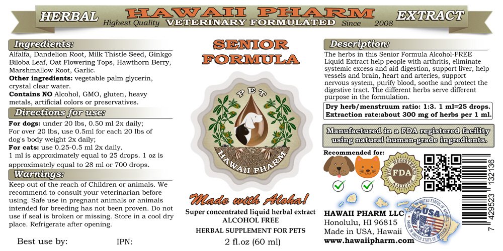 HawaiiPharm Senior Formula, Veterinary Natural Alcohol-Free Liquid Extract, Pet Herbal Supplement 2 oz