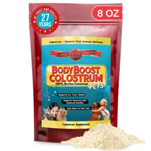 bodyboost bovine colostrum for dogs and cats, organic immune support supplement for allergy and itch relief, grass fed colostrum powder for pets, dog gut health, all ages, 8 oz