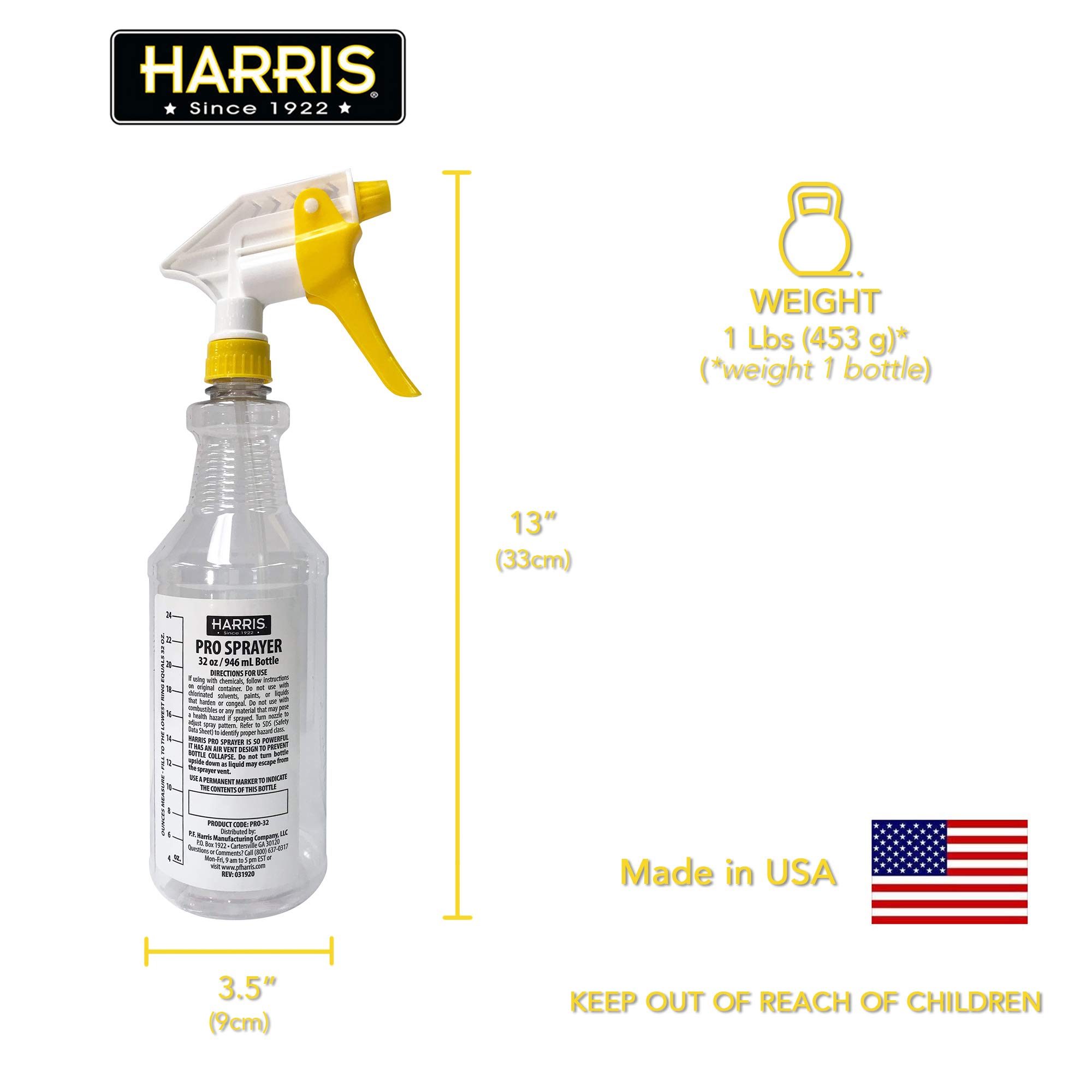 HARRIS Professional Spray Bottle 32oz (12-Pack), All-Purpose with Clear Finish, Pressurized Sprayer, Adjustable Nozzle and Measurements