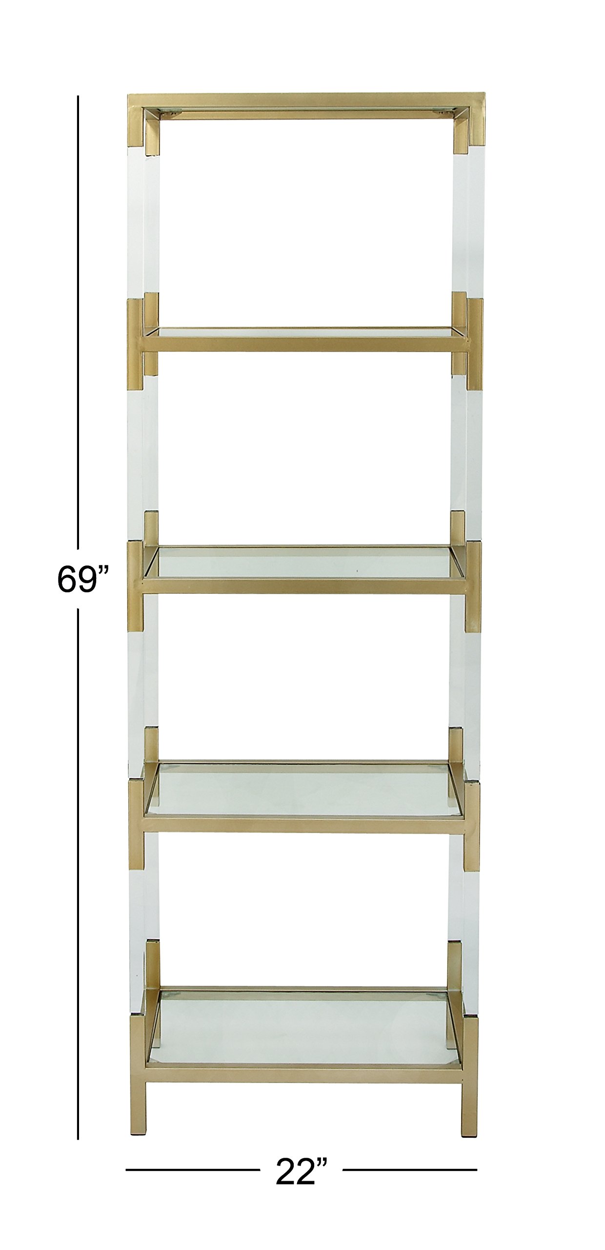 Deco 79 Metal Minimalistic 5 Tier Shelving Unit with Clear Glass Shelves and Acrylic Legs, 22" x 15" x 69", Gold