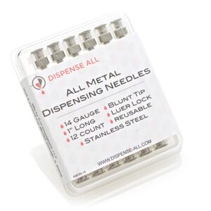 Dispense All - 12 Pack - 14 Gauge 1 Inch All Metal Blunt Tipped Dispensing Needle, Stainless Steel, Luer Lock | Refill Cartridges and Transfer Viscous Liquids Oils Glycerin Distillate Epoxy Adhesive