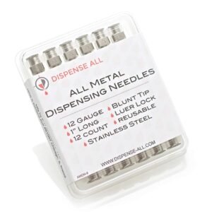 Dispense All - 12 Pack - 12 Gauge 1 Inch All Metal Blunt Tipped Dispensing Needle, Stainless Steel, Luer Lock | Refill Cartridges and Transfer Viscous Liquids Oils Glycerin Distillate Epoxy Adhesive