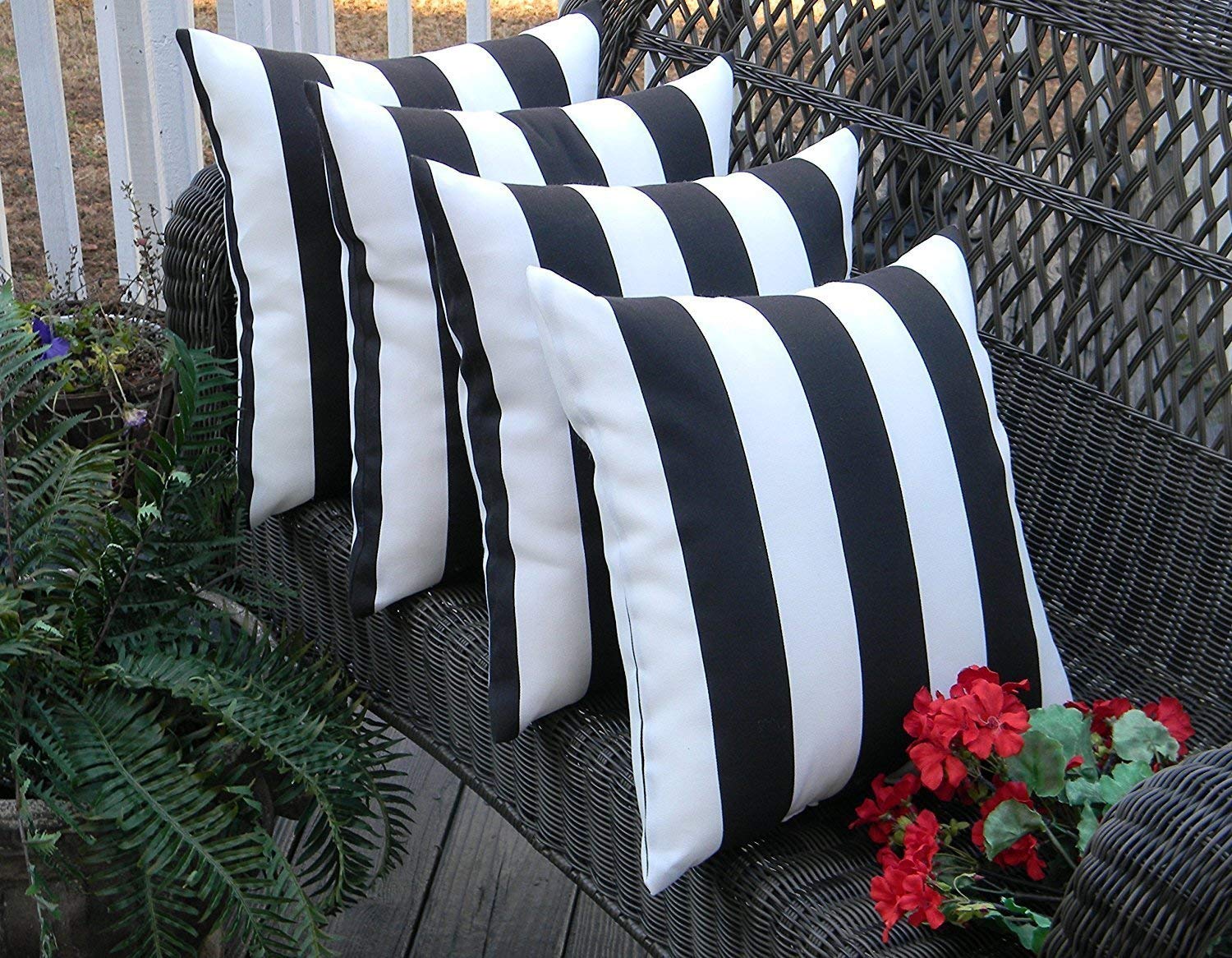 RSH Decor: Square Throw Pillows Set of 4 | 17” x 17” | All-Weather Spun Fabric | Water and Fade-Resistant | Outdoor Accent Pillows for Patio Furniture | Black & White Stripe