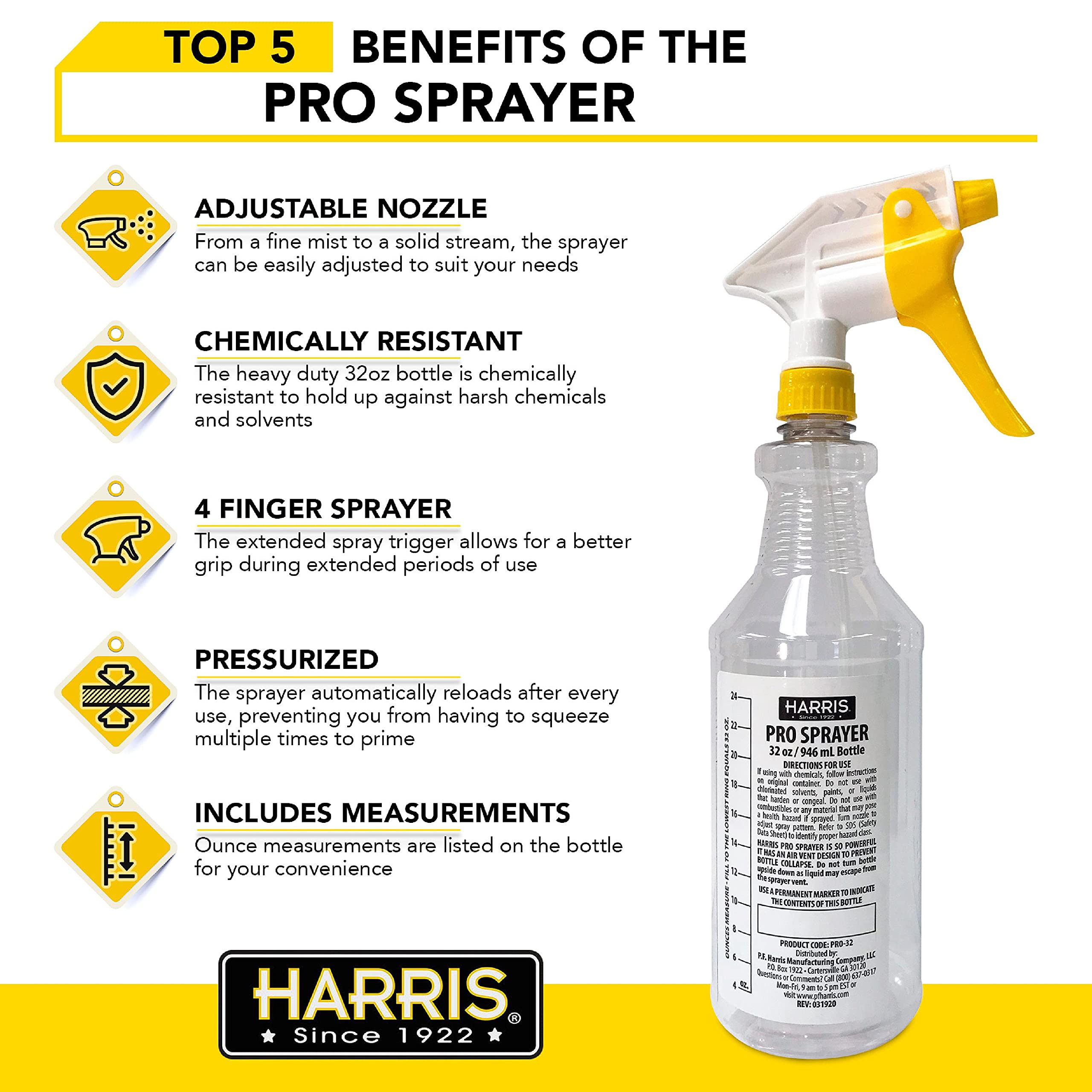 HARRIS Professional Spray Bottle 32oz (12-Pack), All-Purpose with Clear Finish, Pressurized Sprayer, Adjustable Nozzle and Measurements