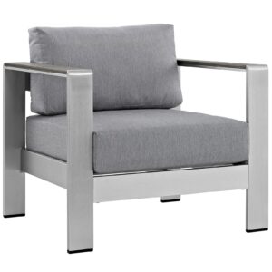 modway shore aluminum outdoor patio armchair in silver gray